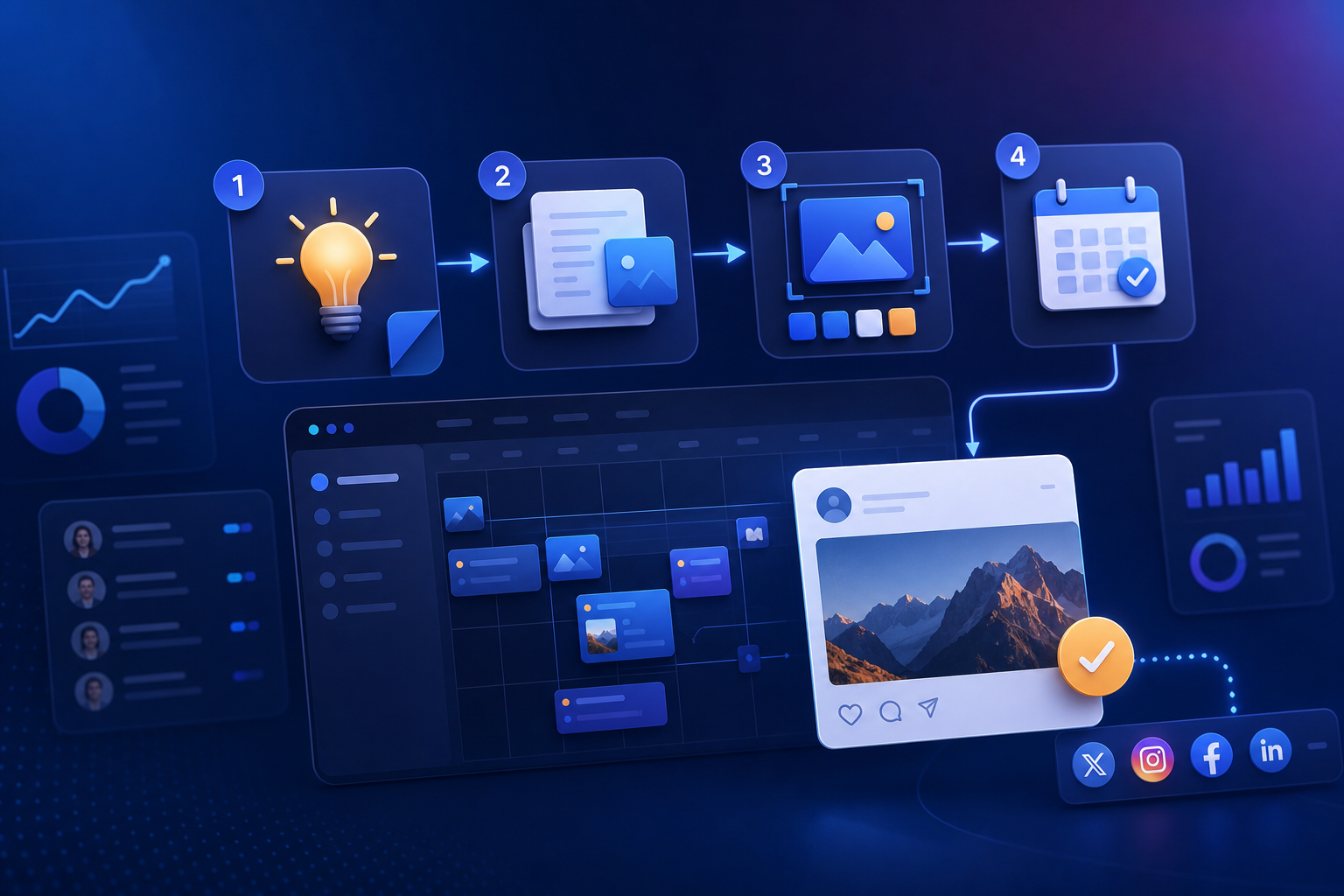 Calendario editorial y panel de publicaciones con pasos del workflow ágil para agencias de redes sociales