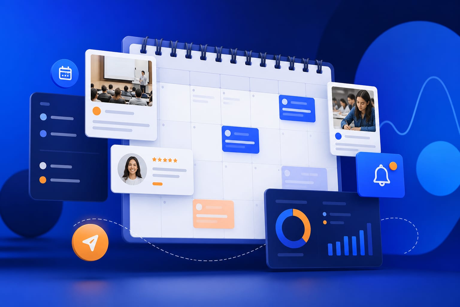Plantilla de calendario de contenidos para una academia con matrículas, testimonios y recordatorios de fechas clave
