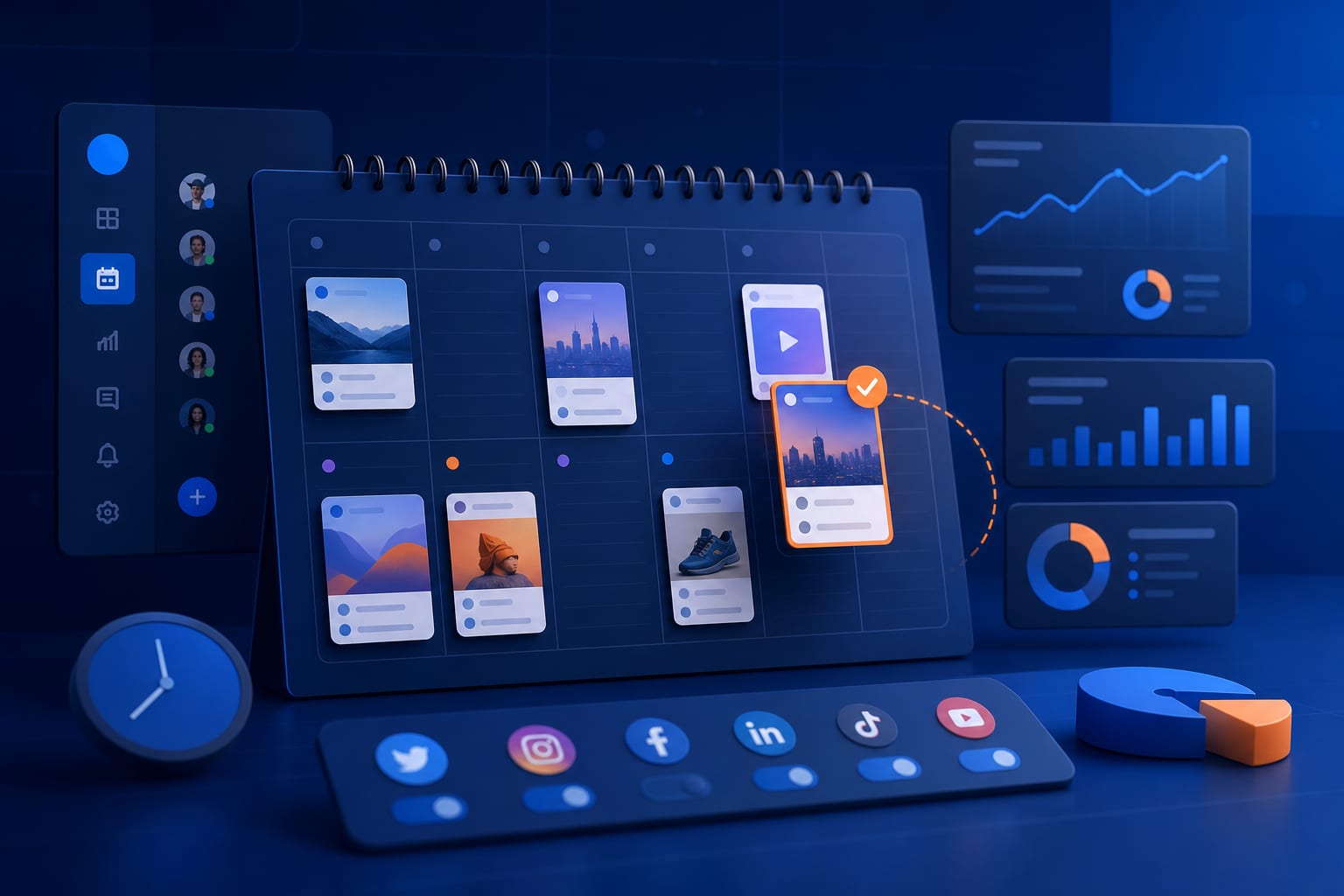 Persona revisando panel de métricas en portátil mientras consulta un calendario de contenidos