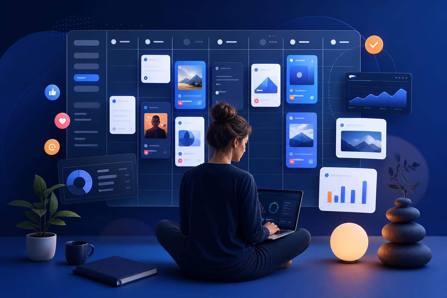 Freelancer organizando un calendario de contenidos para varias cuentas en una herramienta de programación de redes sociales