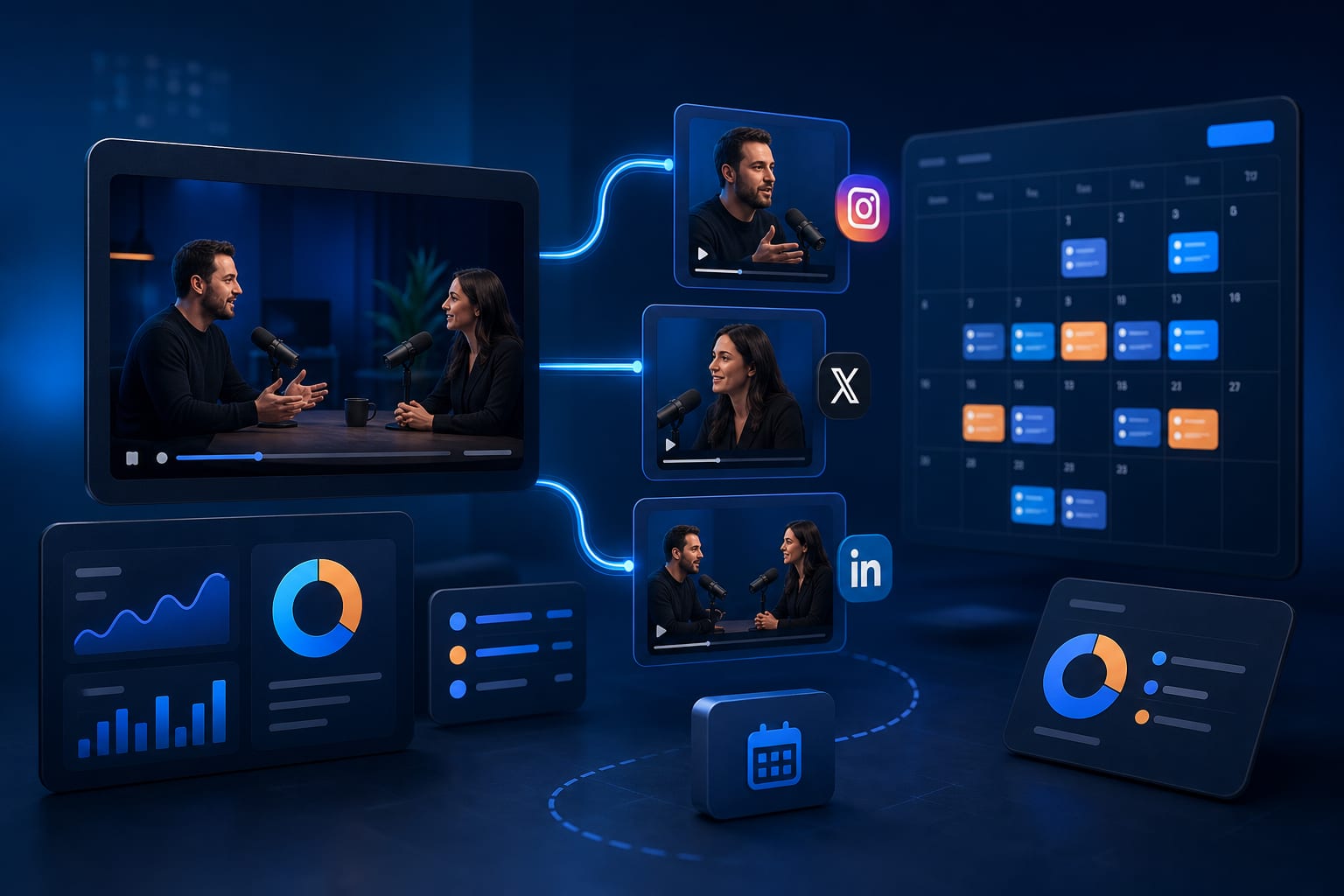 Persona editando y planificando fragmentos de una entrevista en un calendario digital para Instagram, X y LinkedIn