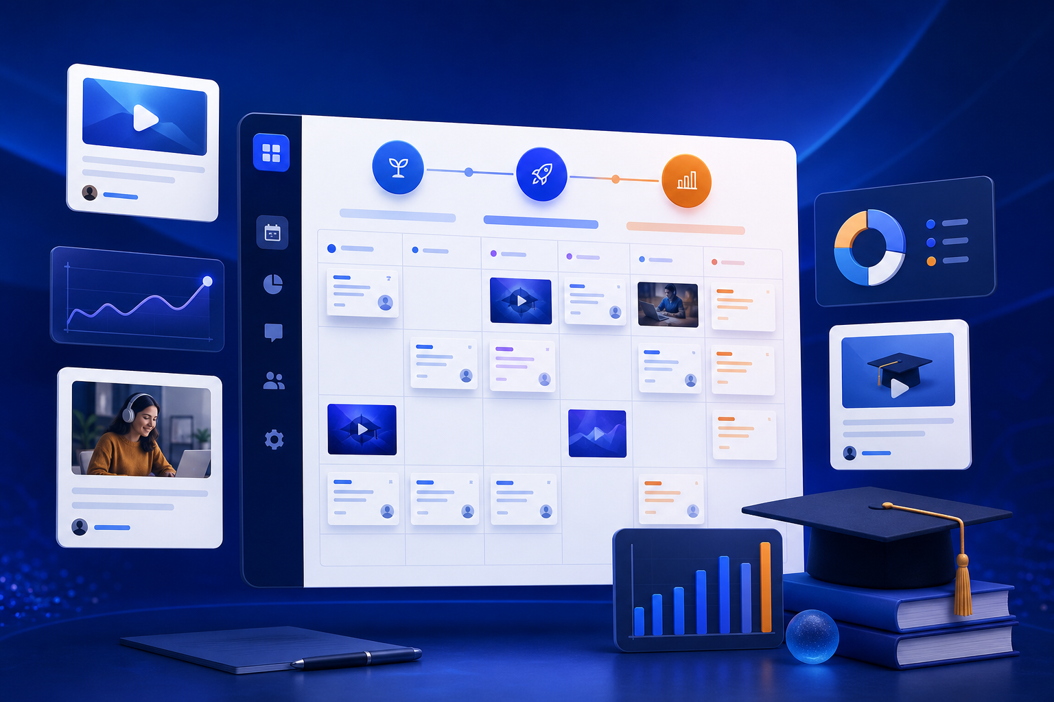 Calendario de lanzamiento impreso y pantalla con iconos de Instagram, X, LinkedIn y Facebook junto a la interfaz de ZettaPost