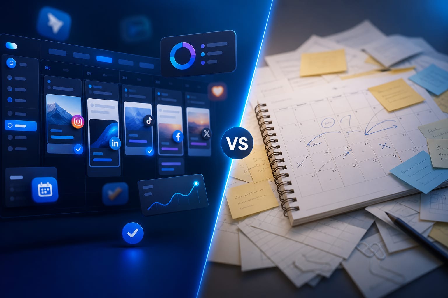 Comparativa entre usar una herramienta para programar redes sociales y organizar el calendario en hojas sueltas