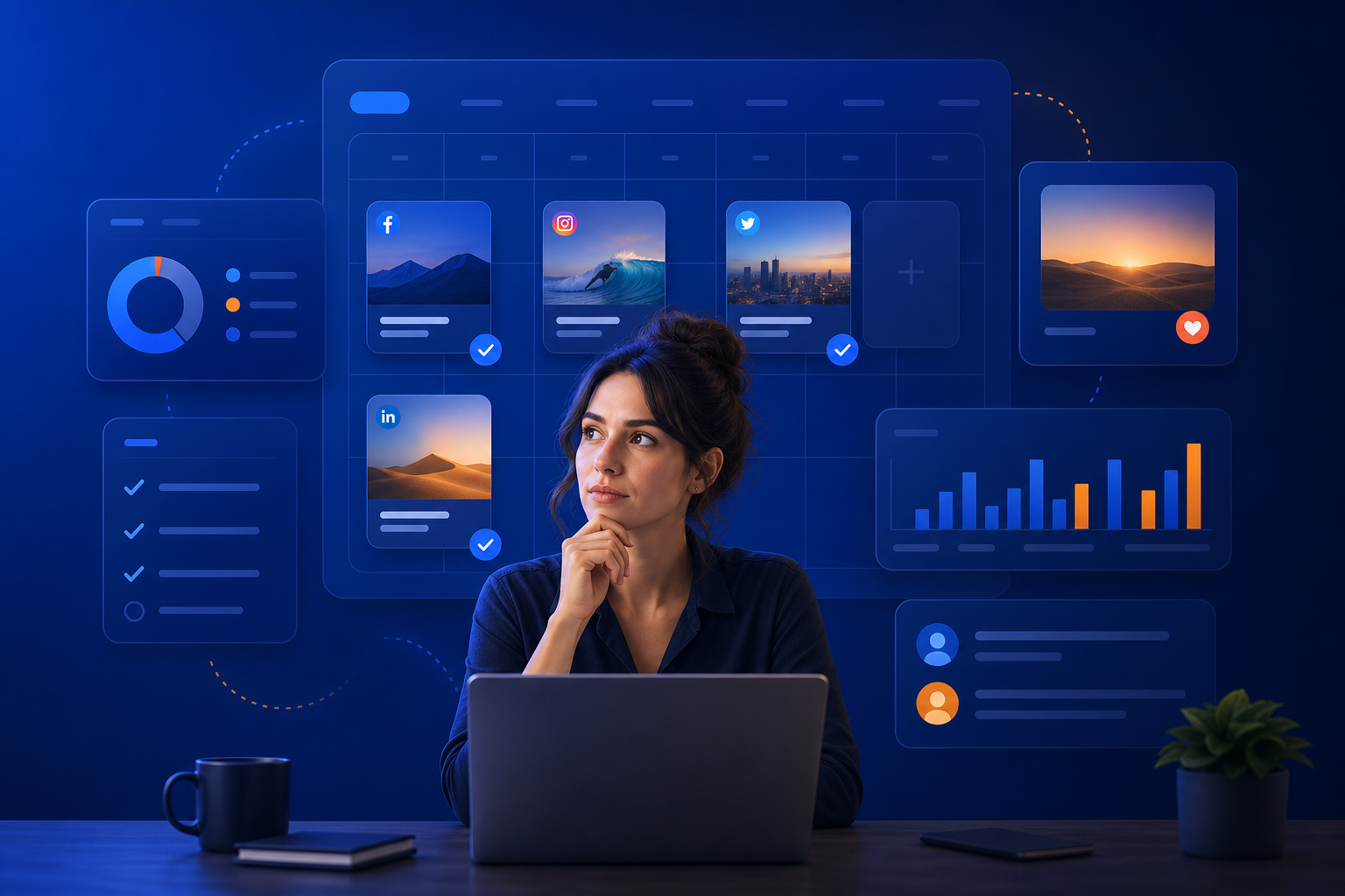 Persona evaluando métricas y calendario de publicaciones en pantalla con iconos de Instagram, X, LinkedIn y Facebook