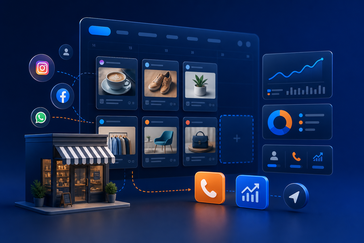 Propietario de tienda local usando un portátil para programar publicaciones en redes mientras revisa un calendario de contenidos