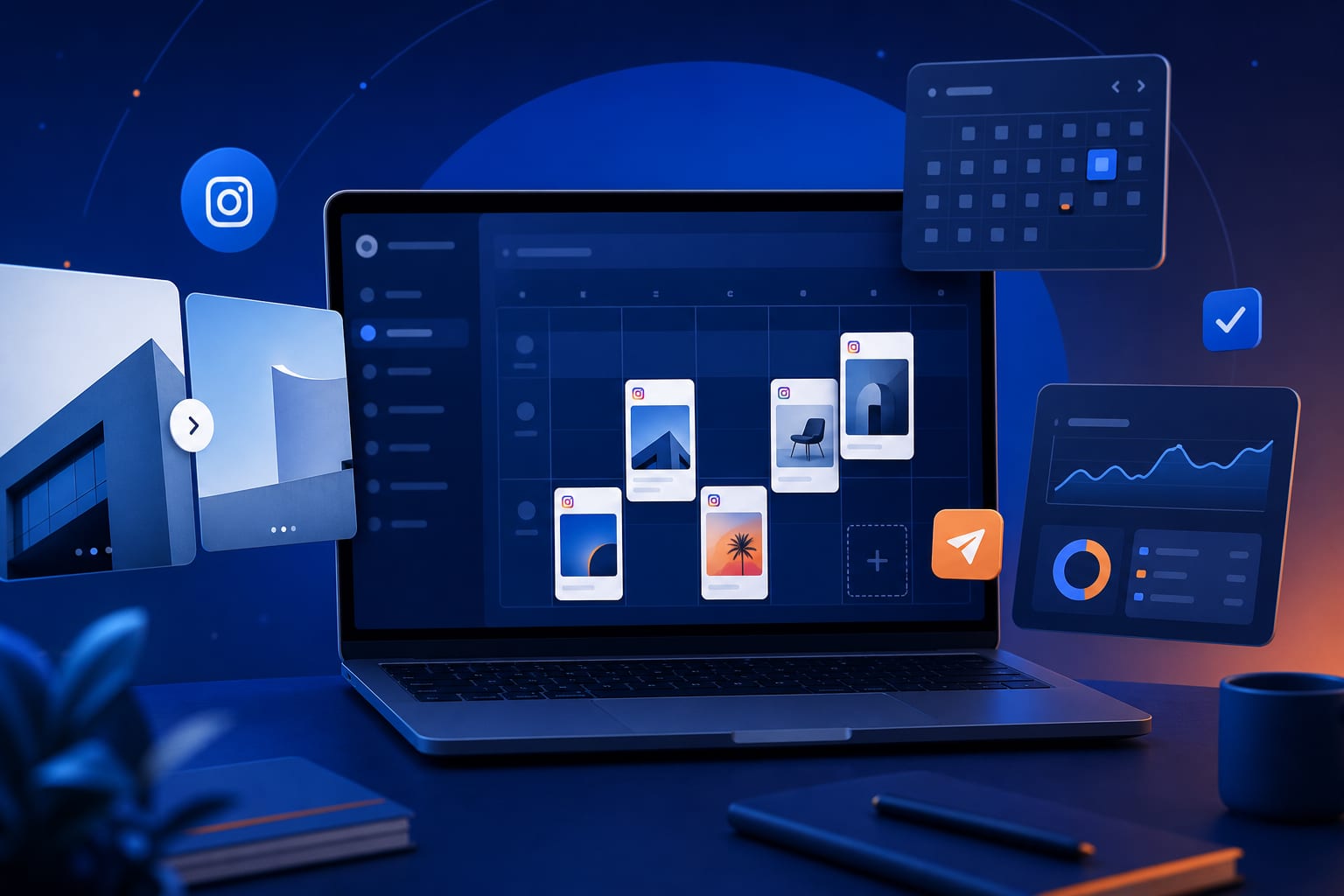 Community manager programando un carrusel de Instagram desde el ordenador con vista previa del calendario