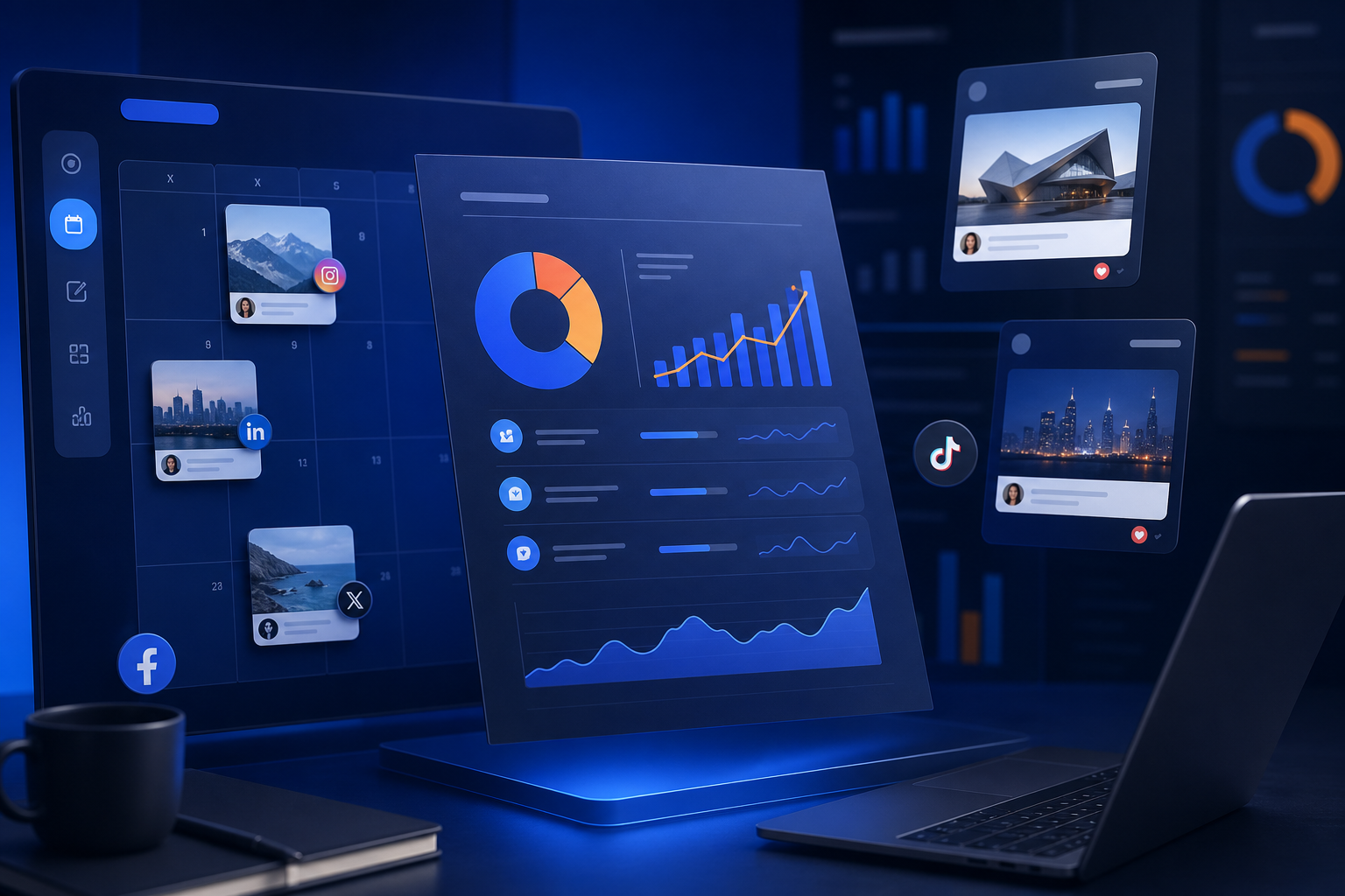 Ejemplo de plantilla de informe ROI de redes sociales en pantalla de ordenador con gráficos, tablas de KPIs y resumen ejecutivo