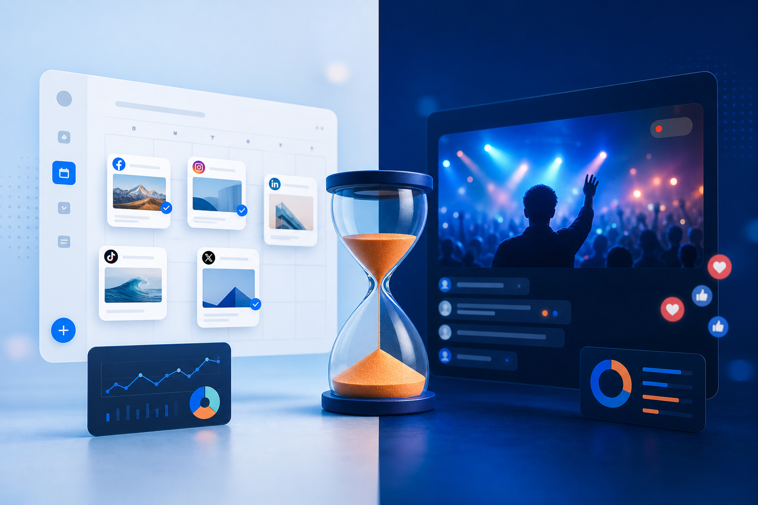 Comparativa entre programar y publicar en directo en redes sociales con calendario y reloj en pantalla