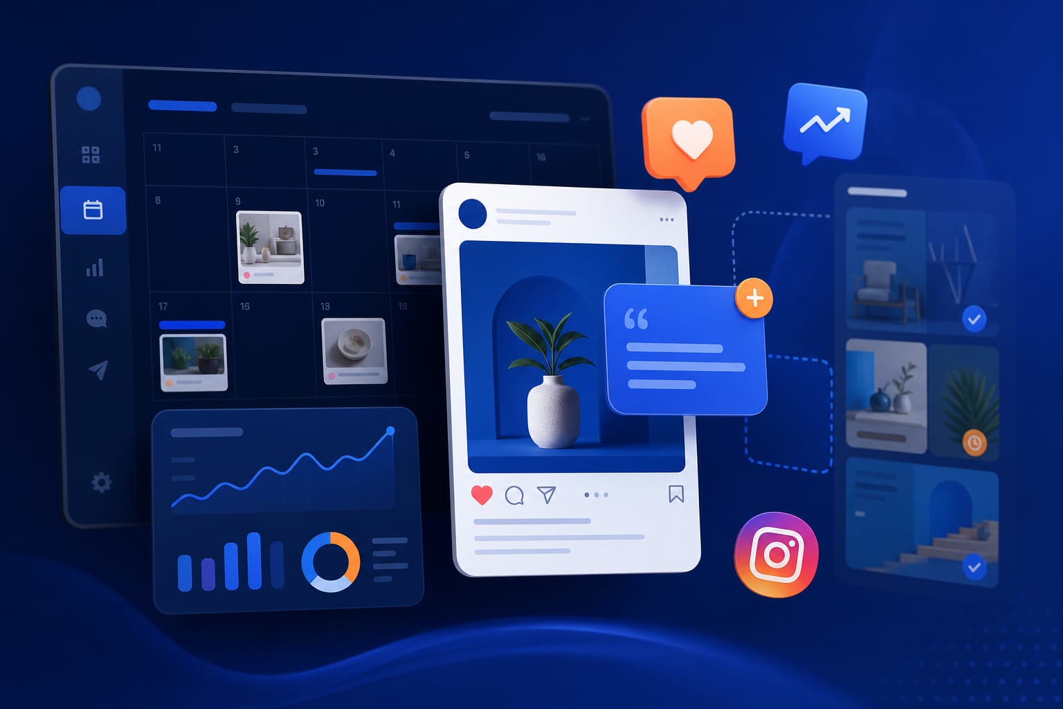 Móvil mostrando un post de Instagram con varios ejemplos de captions y la interfaz de ZettaPost para programar y guardar plantillas en segundo plano.