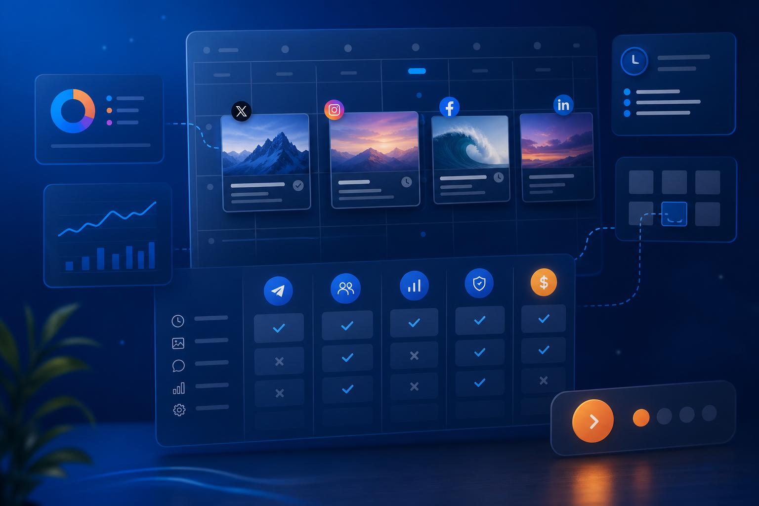 Persona gestionando un calendario de contenidos en pantalla con logos de Instagram, X y LinkedIn