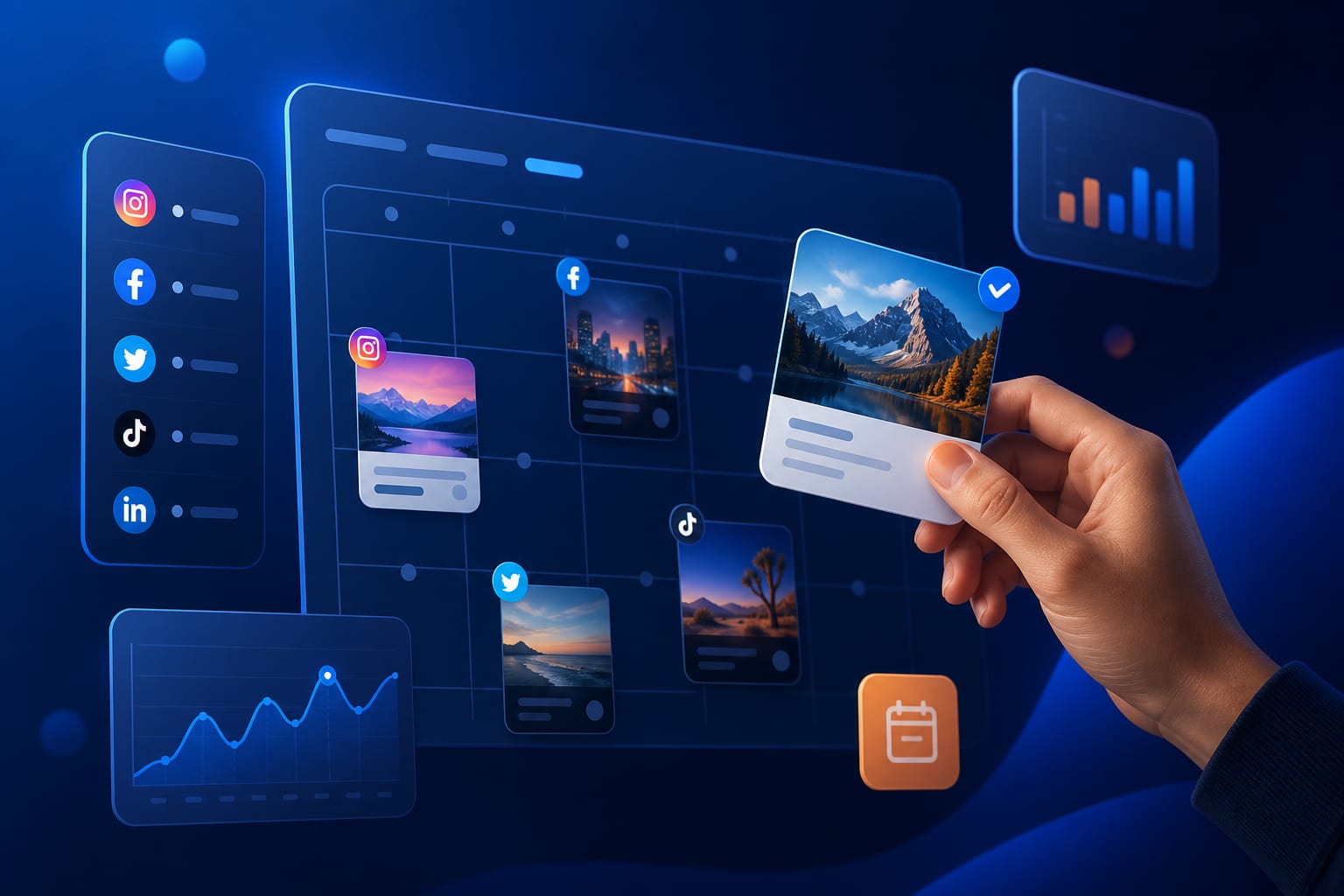 Persona revisando en pantalla una herramienta para programar publicaciones en varias redes sociales con calendario de contenidos
