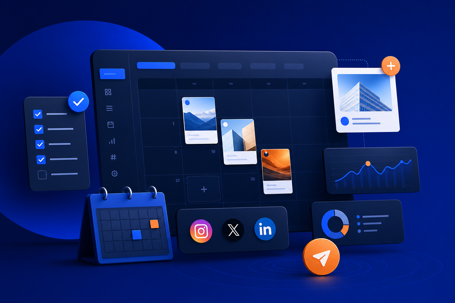 Checklist sobre mesa con smartphone, libreta y iconos de Instagram, X y LinkedIn