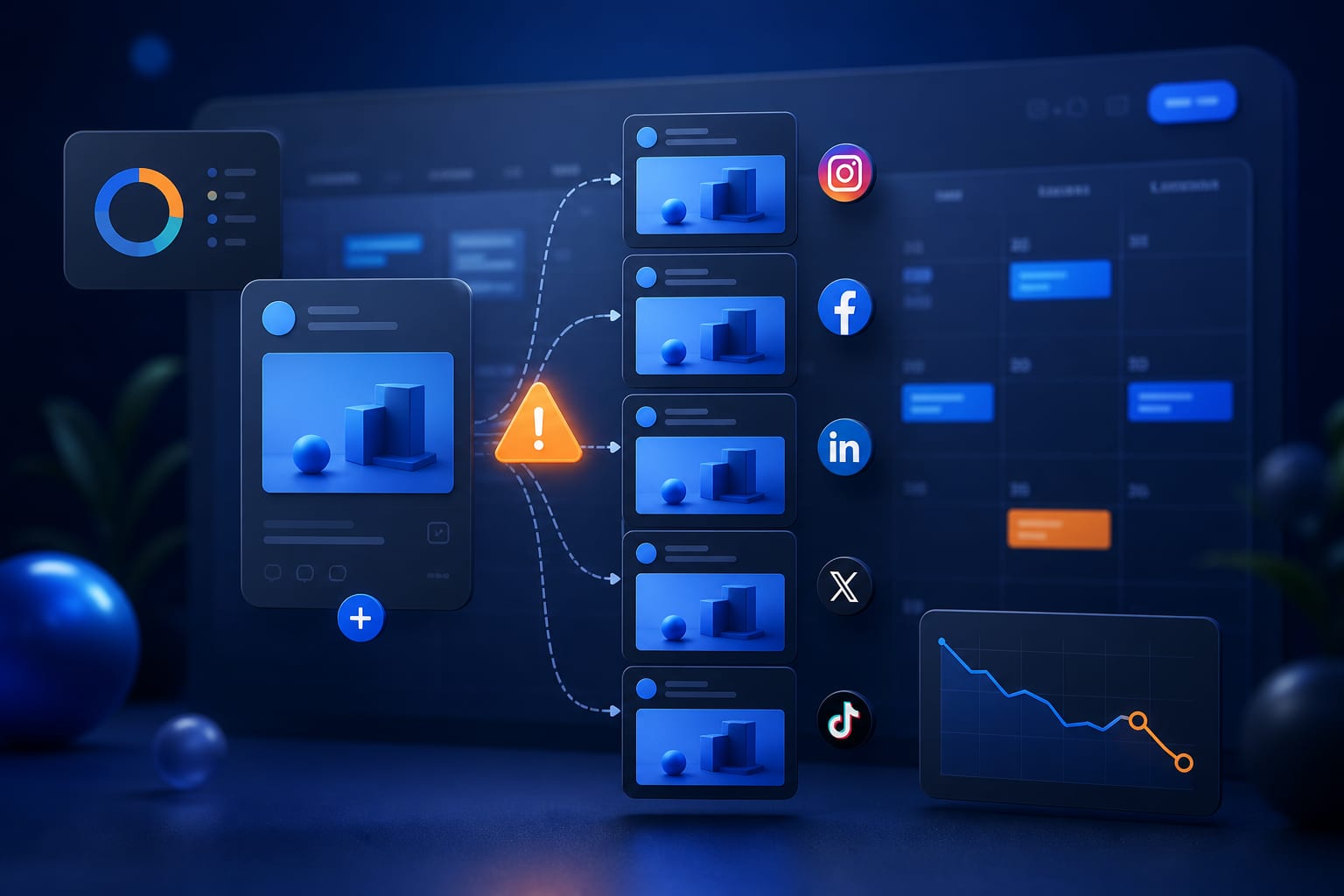 Persona revisando un calendario de publicaciones en redes sociales con iconos de Instagram, X, LinkedIn y Facebook