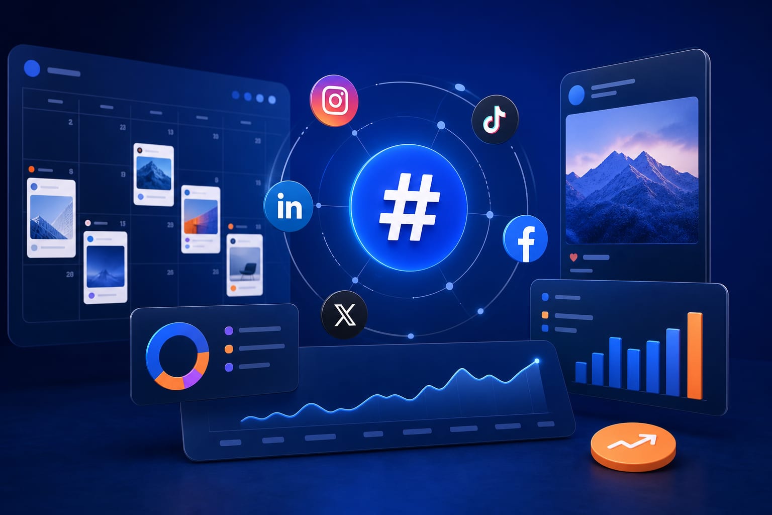 Persona analizando métricas de redes sociales y lista de hashtags en un ordenador