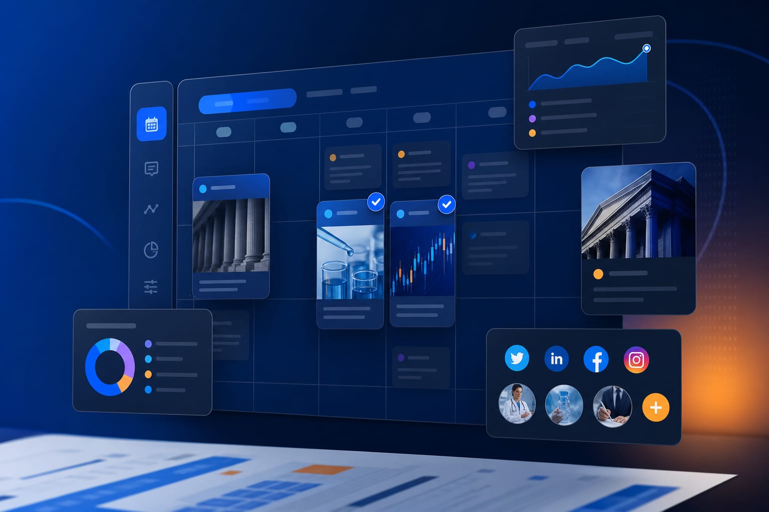 Persona revisando un calendario de contenidos en pantalla con iconos de redes sociales y etiquetas de cumplimiento