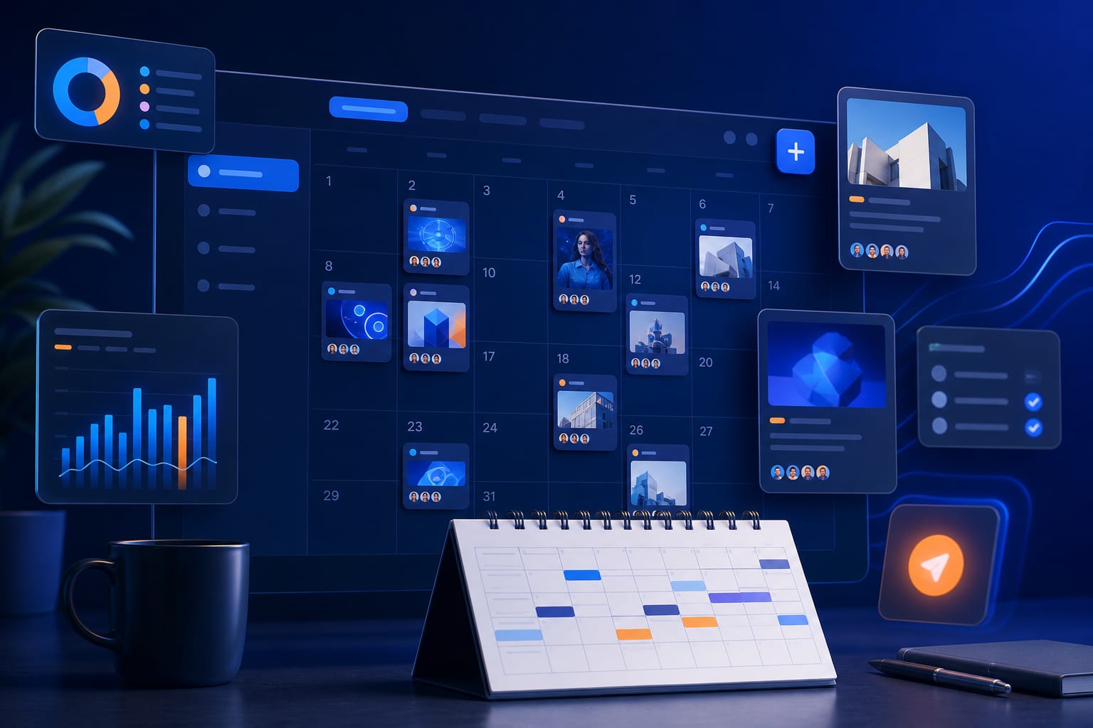 Equipo de agencia planificando un calendario mensual de redes sociales frente a un portátil con la interfaz de ZettaPost en pantalla