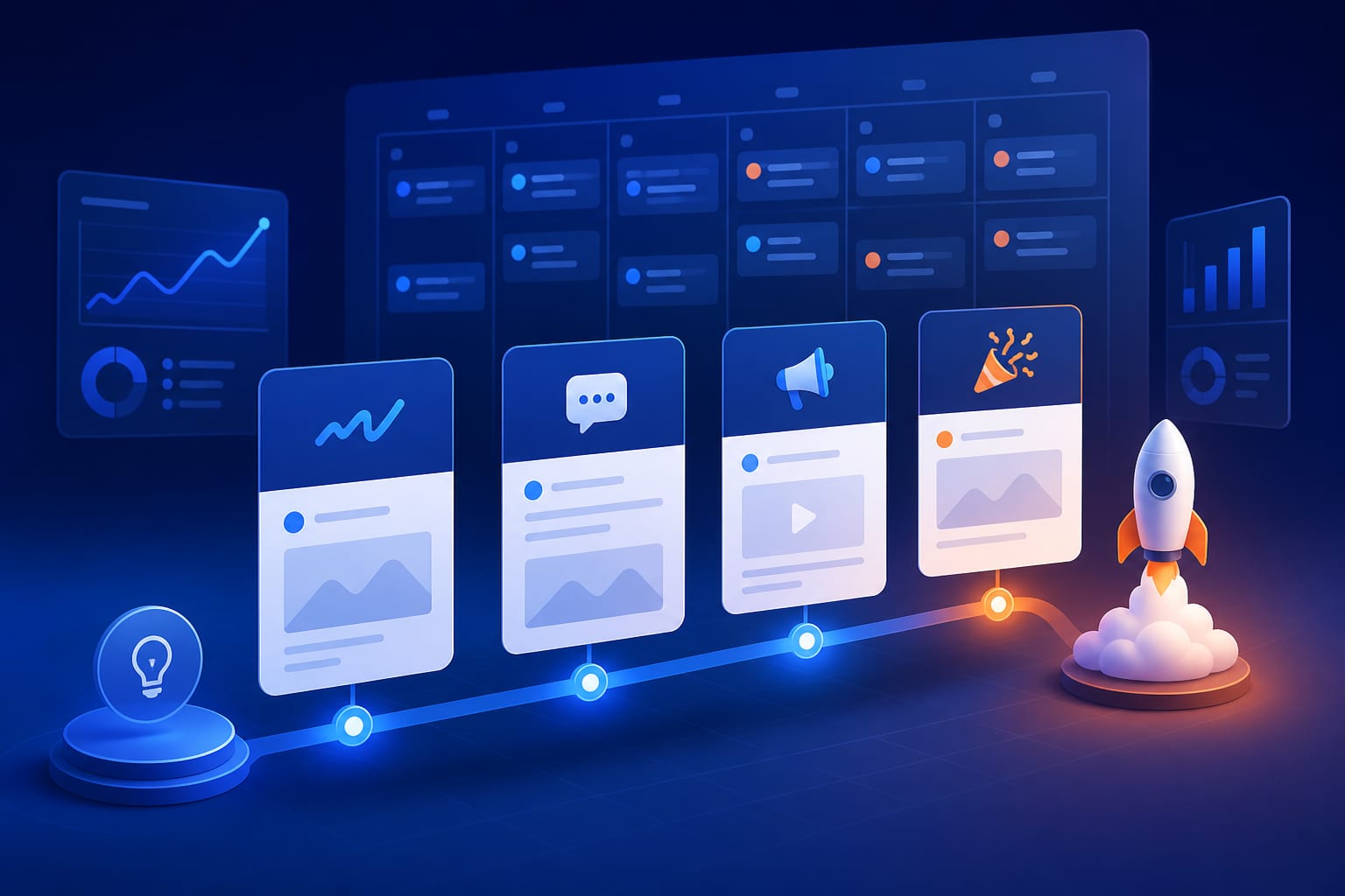 Equipo planificando una secuencia de contenidos para el lanzamiento de un nuevo servicio en redes sociales