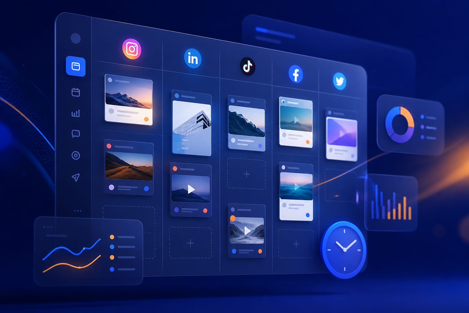 Equipo organizando contenidos por red social en un calendario digital con distintas publicaciones para Instagram, X, LinkedIn y Facebook