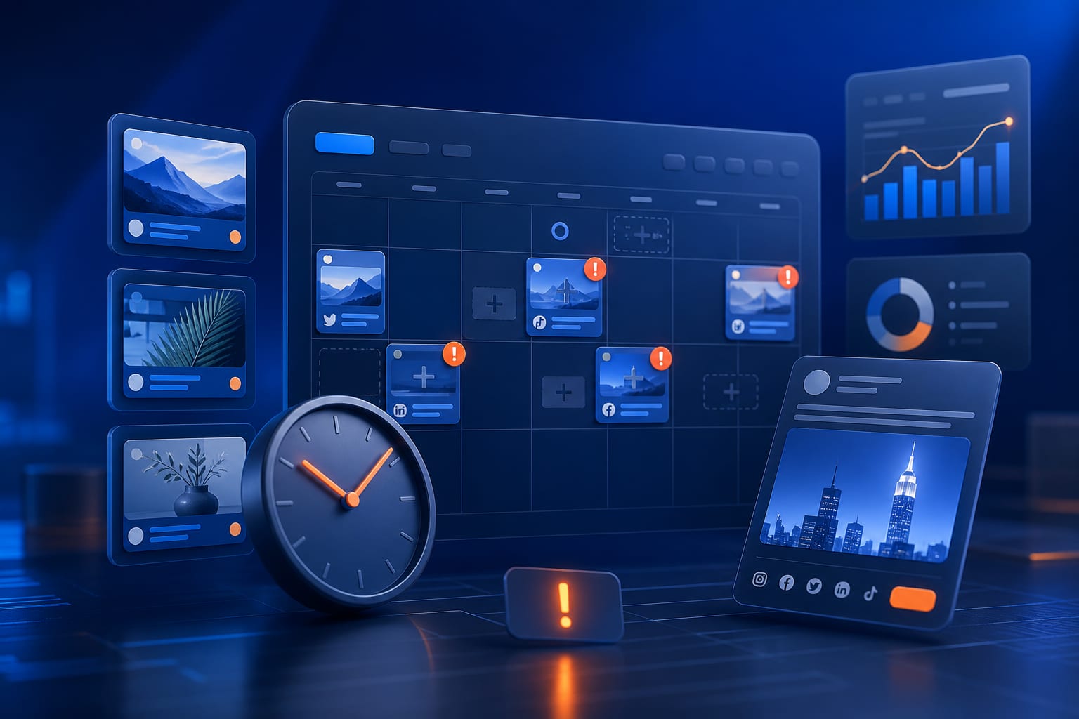 Persona programando publicaciones de redes sociales en un calendario digital con varias redes abiertas