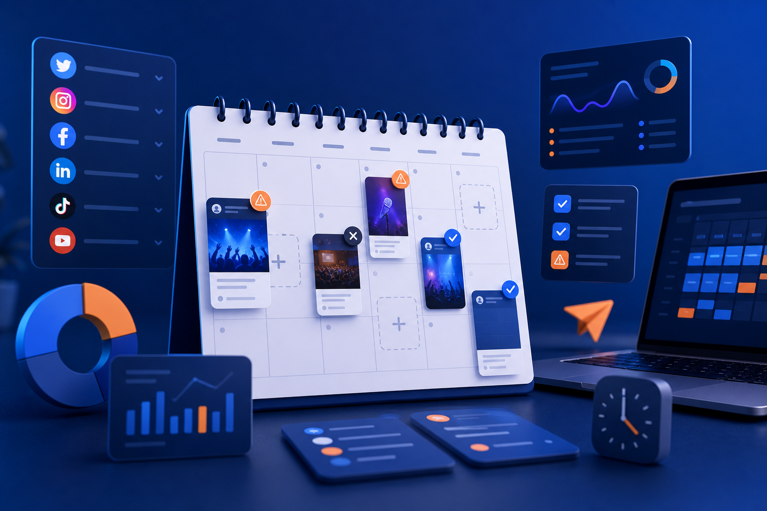 Panel de calendario con publicaciones programadas para un evento en varias redes sociales (Instagram, X, LinkedIn, Facebook)