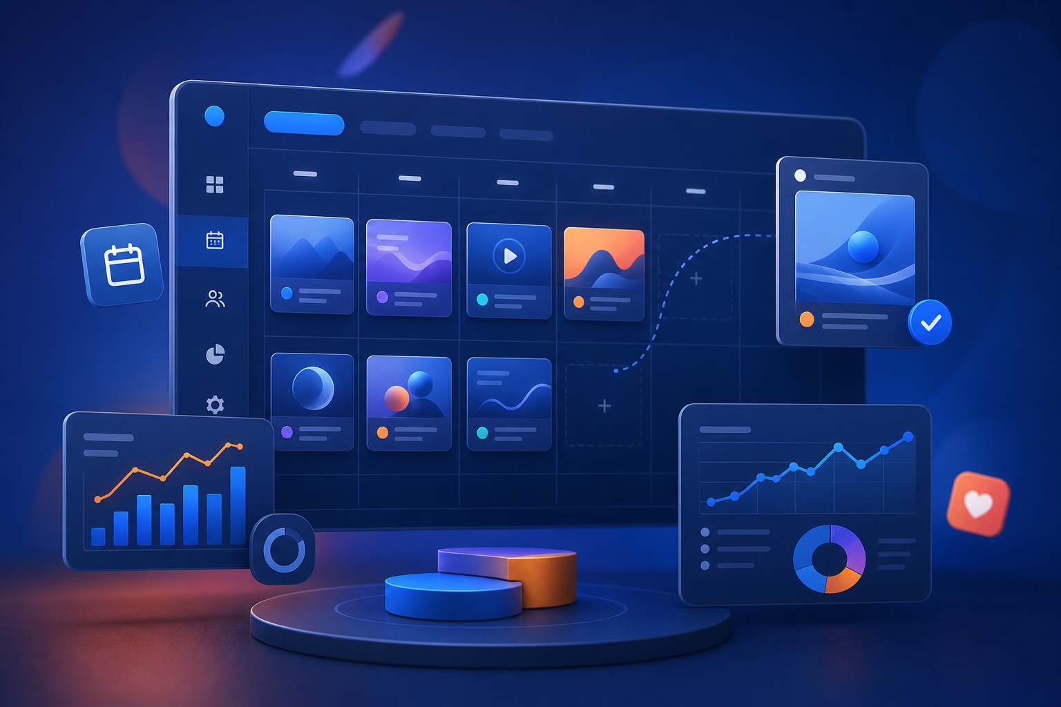 Persona planificando microcontenidos en un calendario digital con iconos de Instagram, X, LinkedIn y Facebook