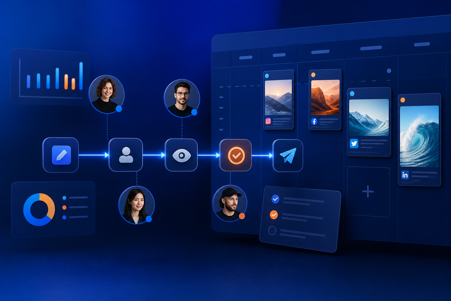 Equipo de cinco personas revisando y aprobando contenidos en un calendario digital