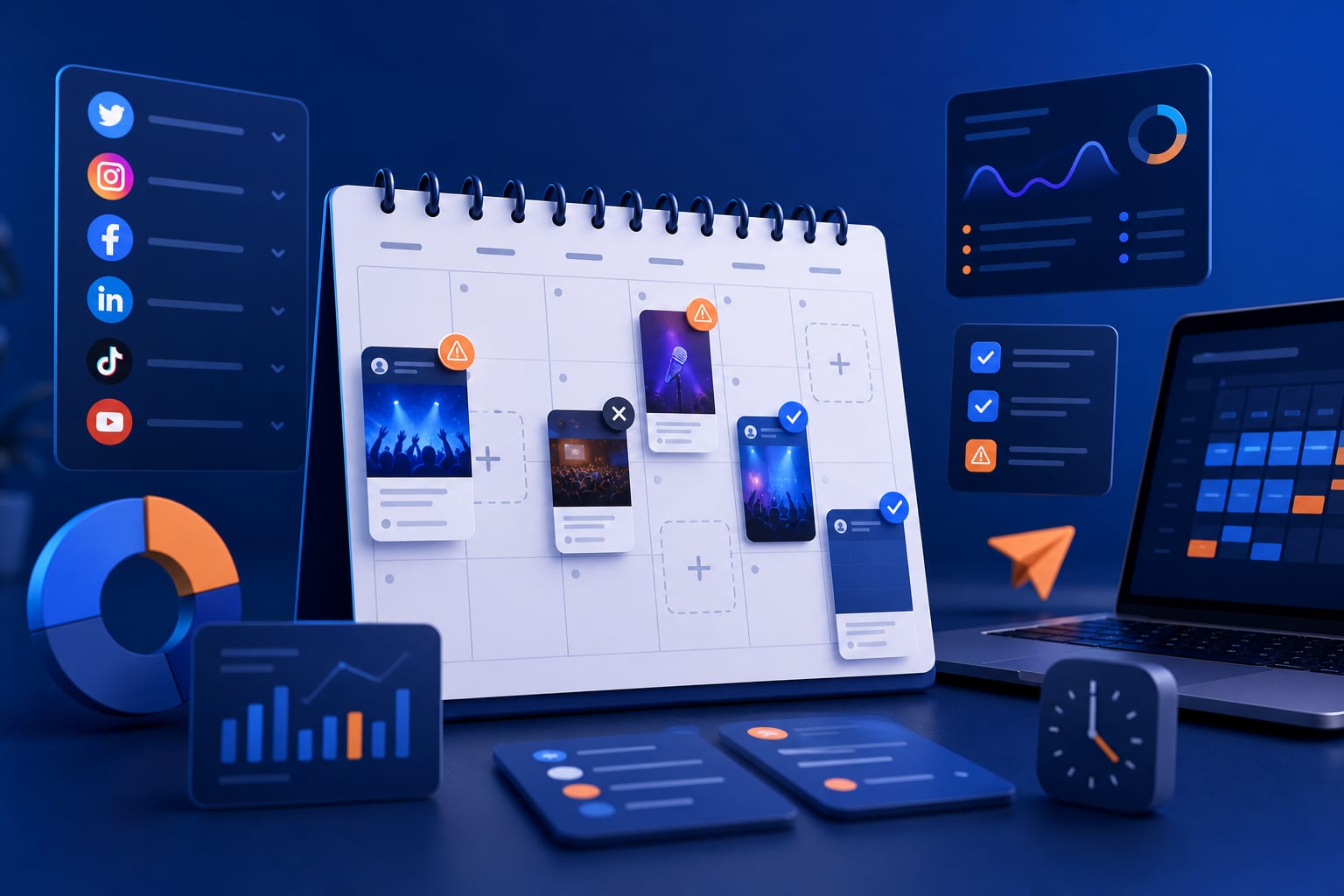 Panel de calendario con publicaciones programadas para un evento en varias redes sociales (Instagram, X, LinkedIn, Facebook)