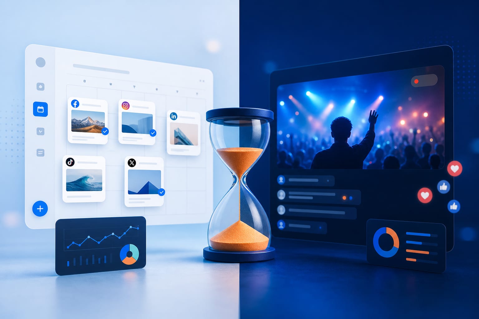 Comparativa entre programar y publicar en directo en redes sociales con calendario y reloj en pantalla