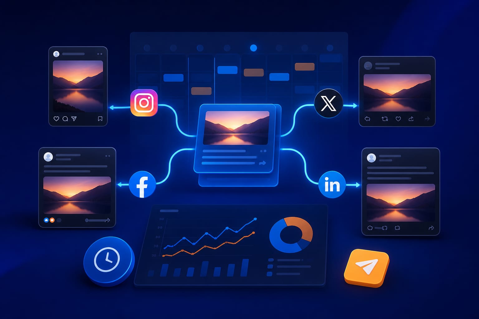 Persona adaptando un mismo contenido para Instagram, X, LinkedIn y Facebook desde un panel de programación de publicaciones