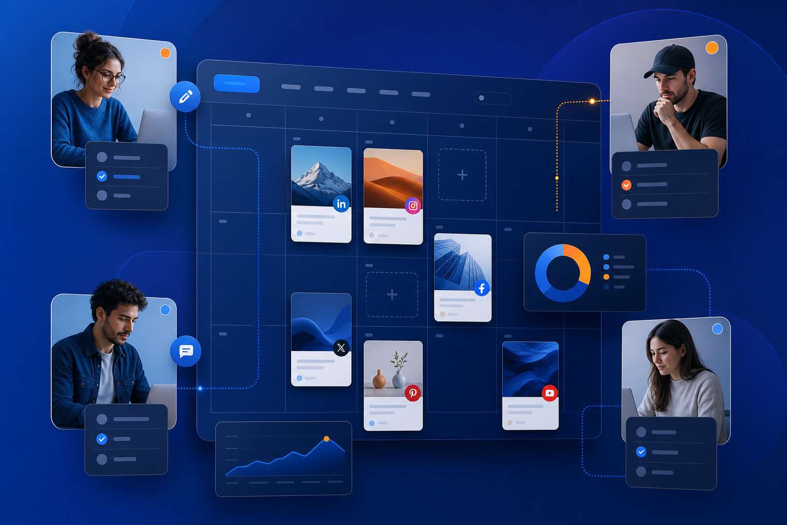Equipo interno y freelancers colaborando en un calendario editorial digital