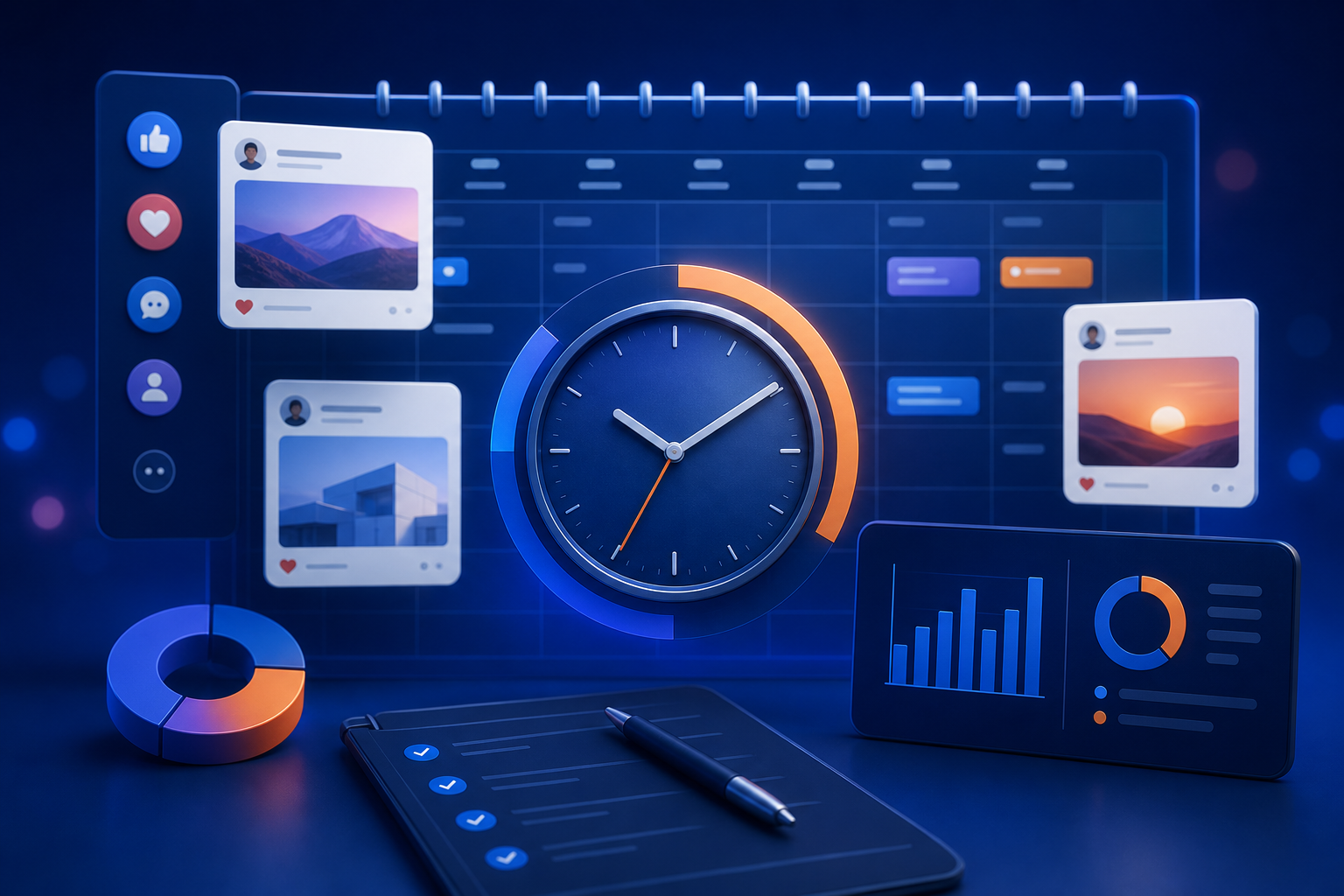 Community manager calculando horas y tarifas frente a pantalla con calendario de contenidos y estadísticas de redes sociales