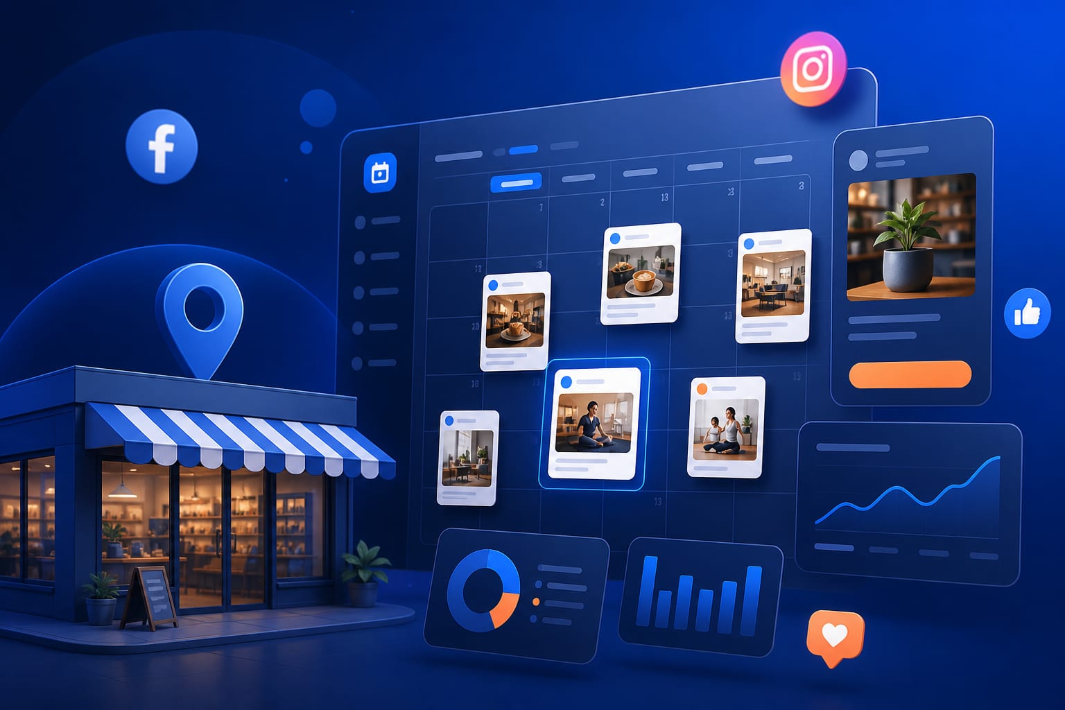 Dueño de negocio local preparando publicaciones para Facebook desde un portátil con vistas a su tienda