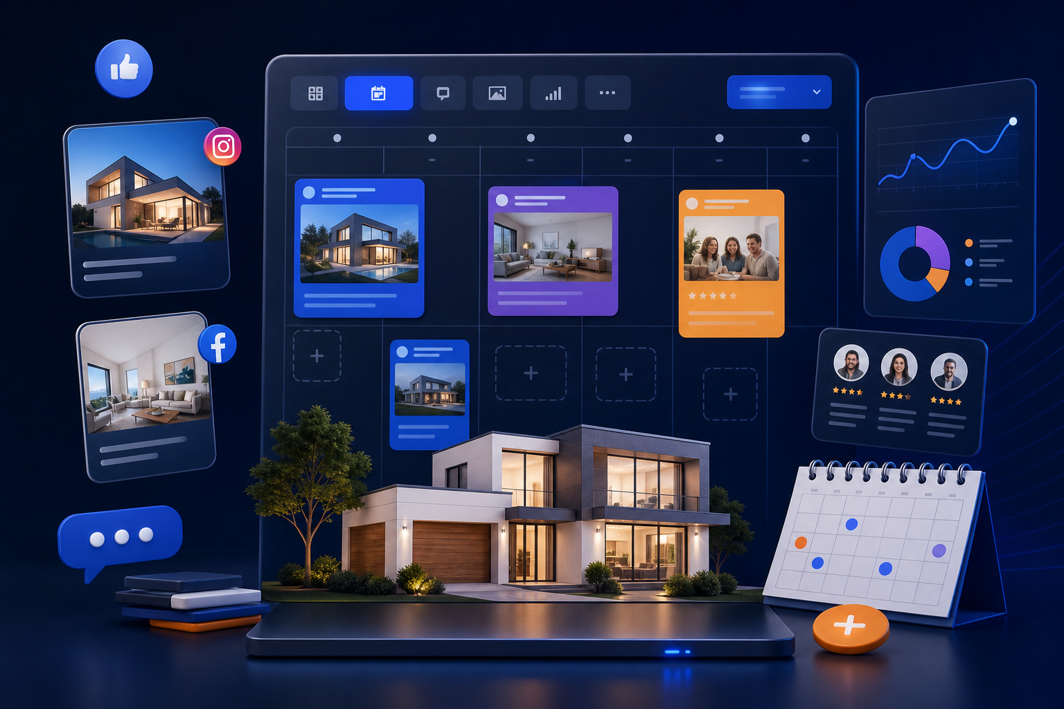 Persona planificando calendario de contenidos para inmobiliaria en un portátil con ejemplos de publicaciones en redes