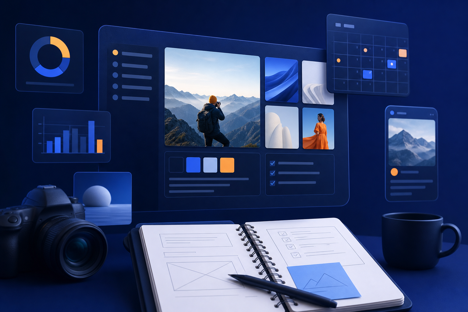 Persona creando un brief visual en el ordenador con imágenes, notas y un calendario de publicaciones