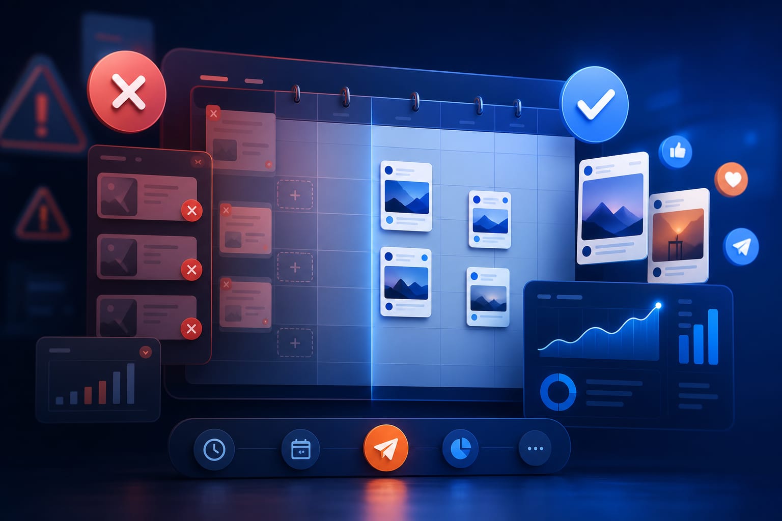 Calendario digital con publicaciones programadas y iconos de Instagram, X, LinkedIn y Facebook