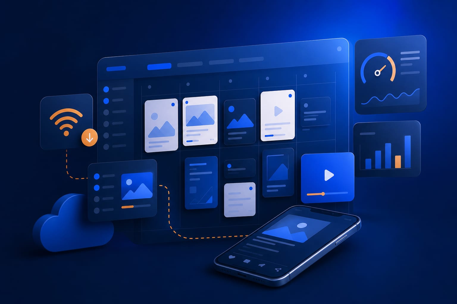 Persona creando publicaciones optimizadas y ligeras para redes sociales desde un móvil con conexión lenta