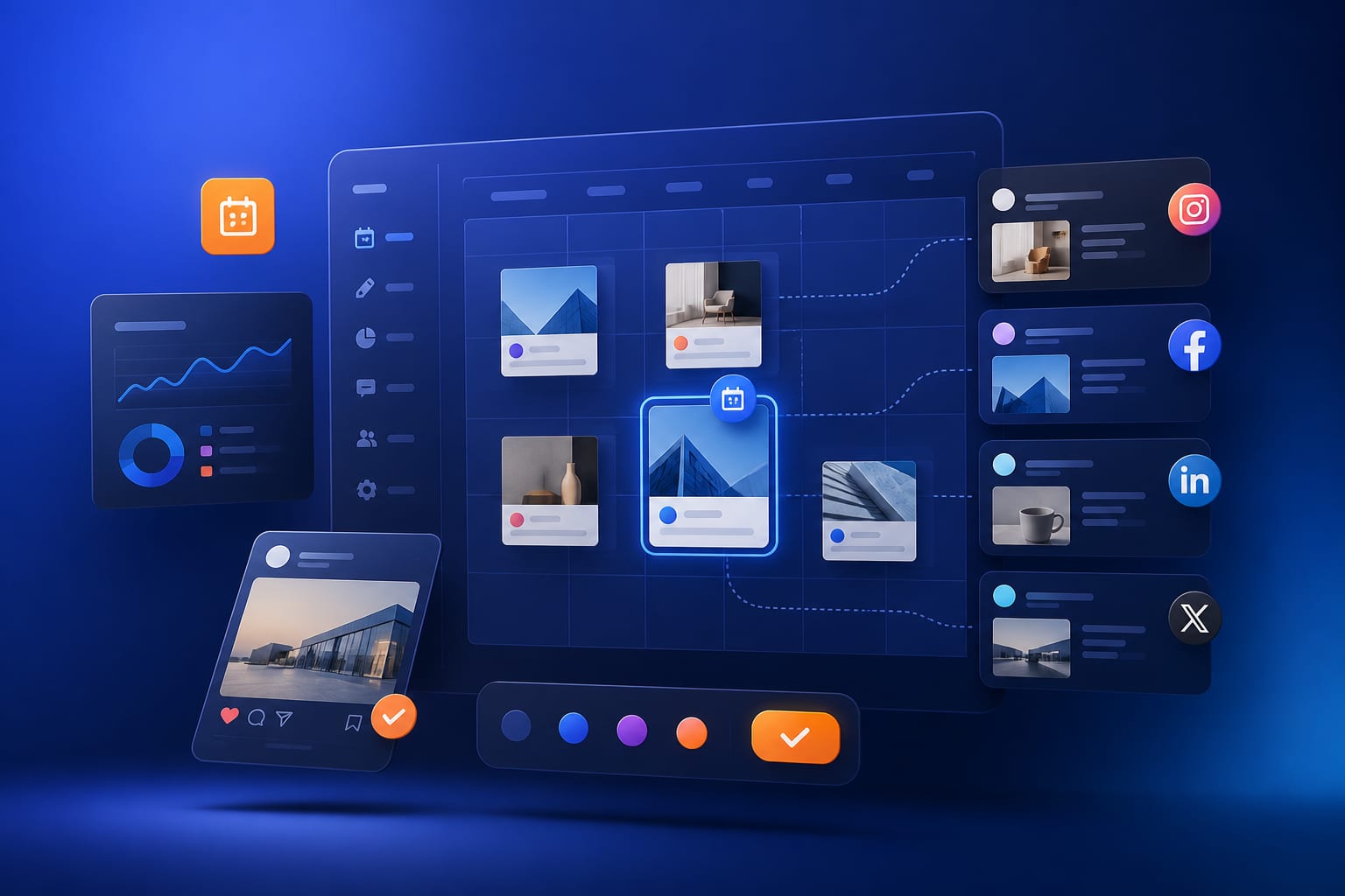 Equipo de marketing planificando publicaciones para varias cuentas sociales de una franquicia en un calendario digital