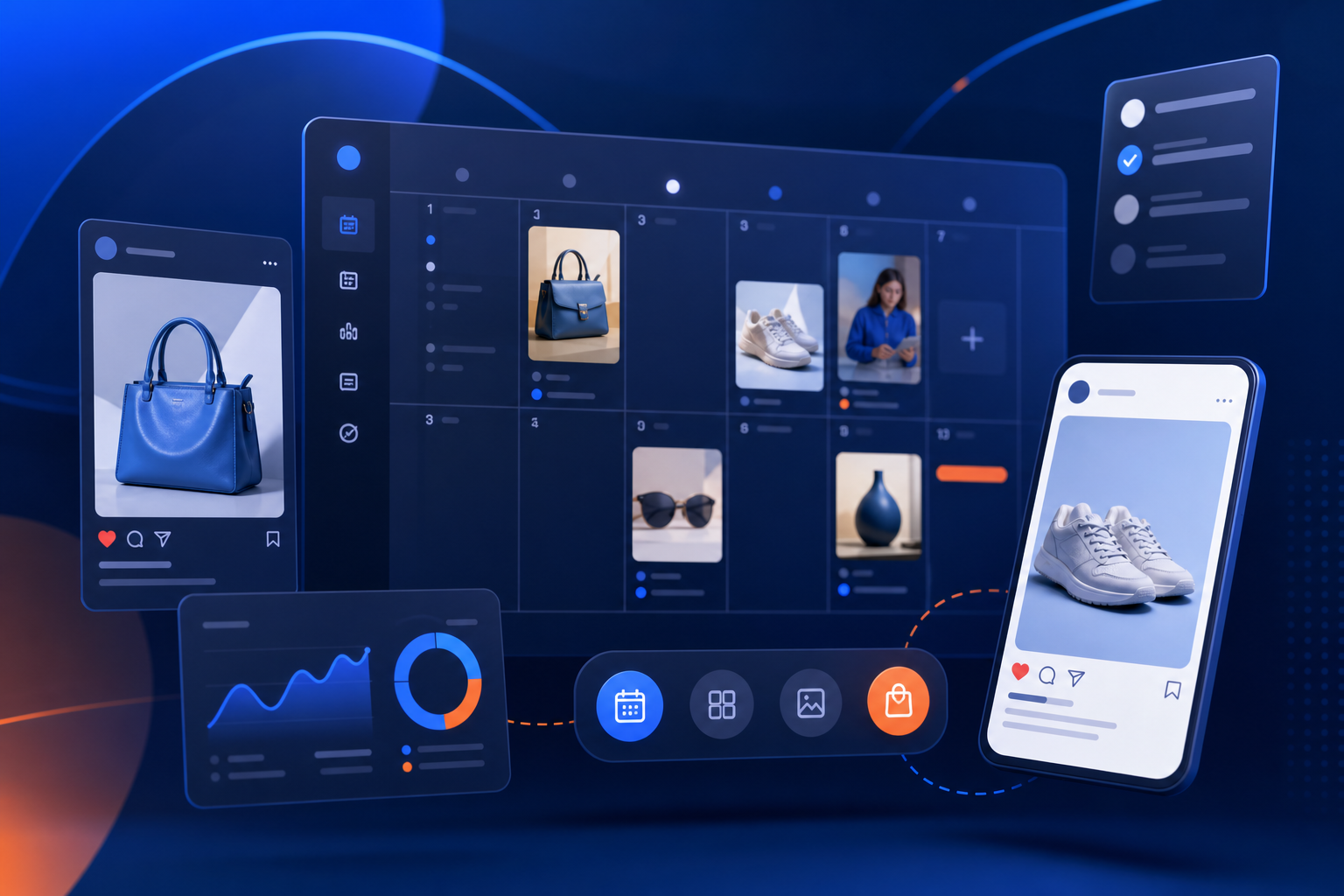 Pantalla con calendario de contenidos y fichas de producto para Instagram Shopping