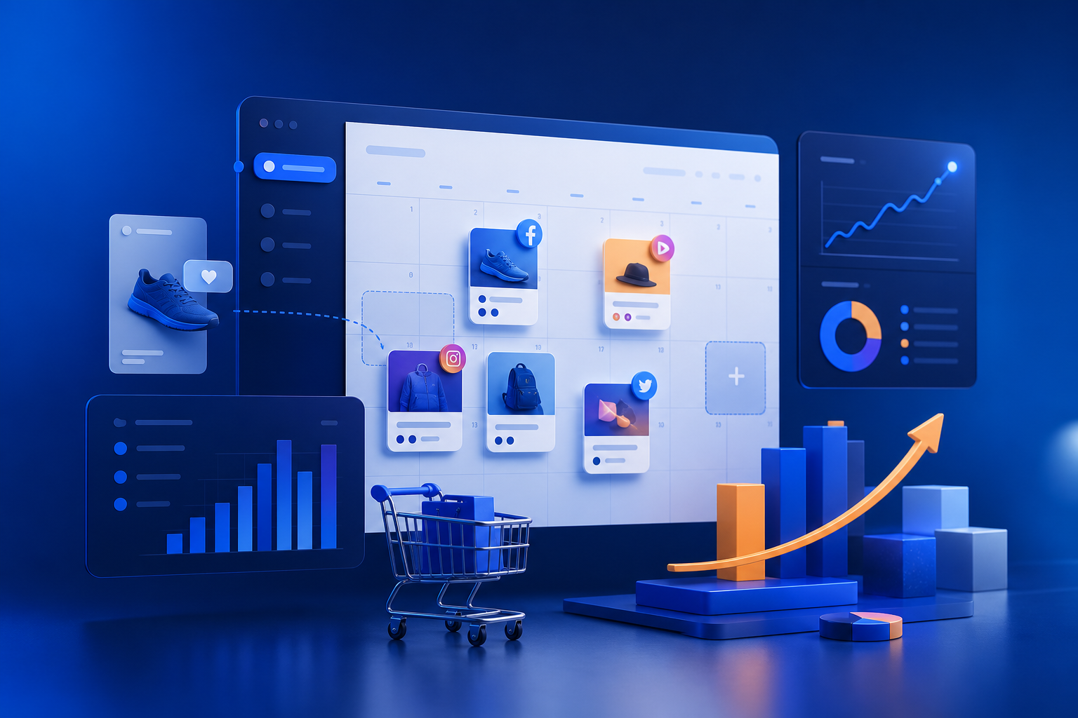 Equipo de marketing planificando calendario de contenidos para un ecommerce mientras revisa métricas de tráfico web