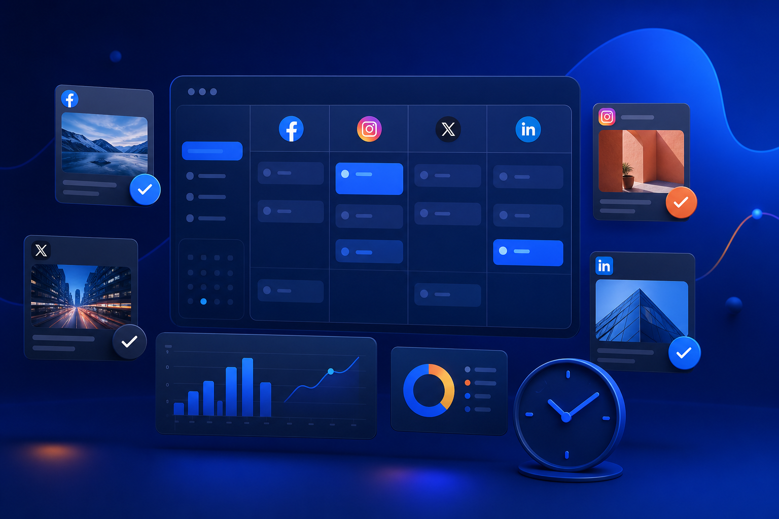 Calendario y reloj con iconos de Facebook, Instagram, X y LinkedIn marcando franjas horarias según diferentes sectores