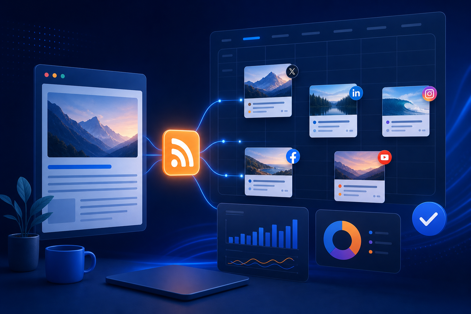 Persona configurando la automatización de publicaciones de blog a redes sociales desde un ordenador con la interfaz de ZettaPost abierta