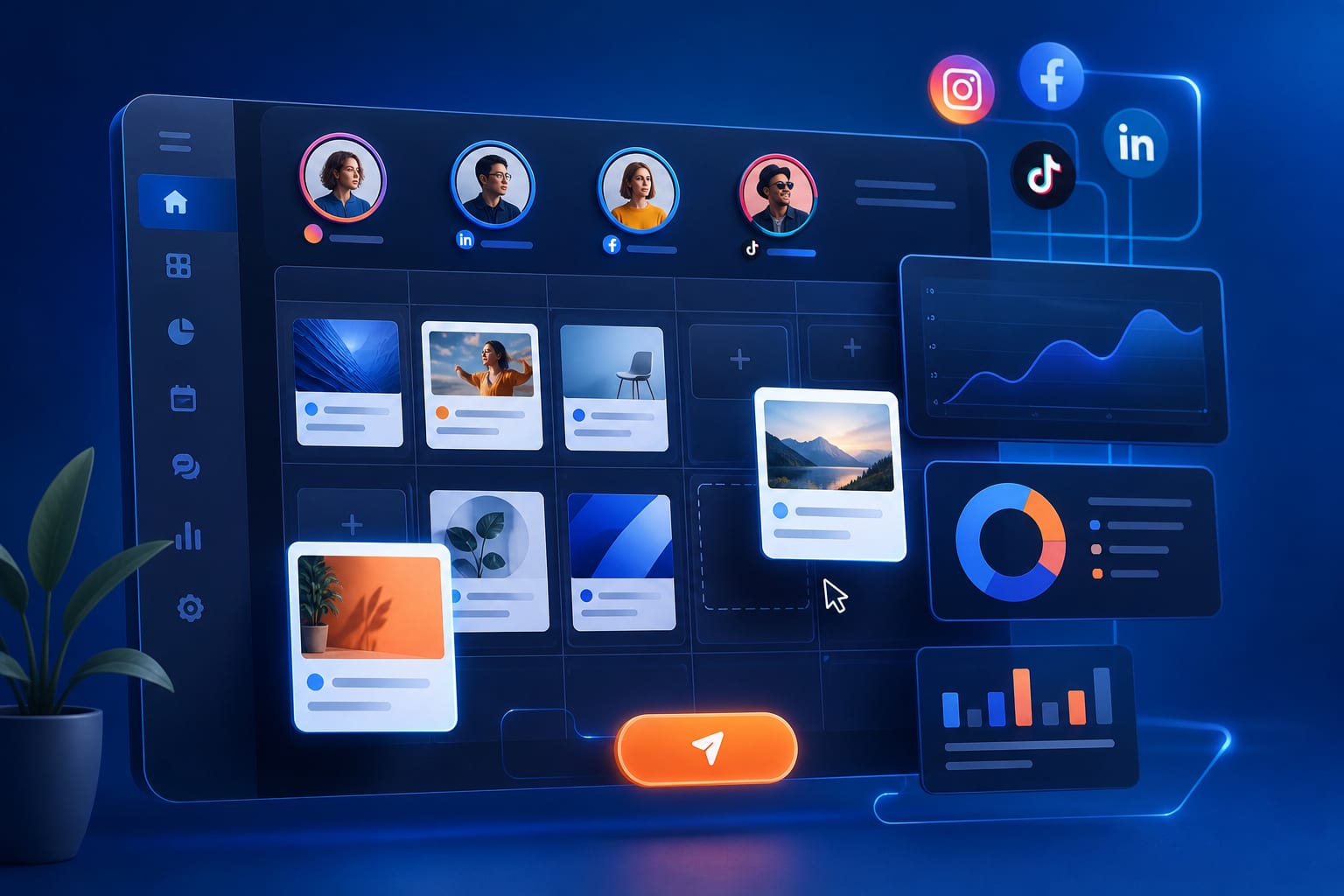 Equipo planificando publicaciones para varios perfiles de una misma marca en un calendario de redes sociales