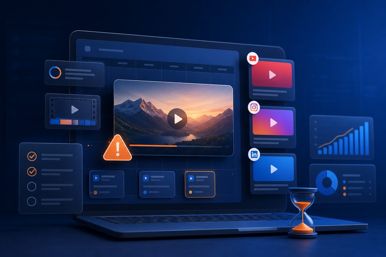 Persona programando y previsualizando un vídeo largo en un calendario digital que muestra YouTube, Instagram y LinkedIn