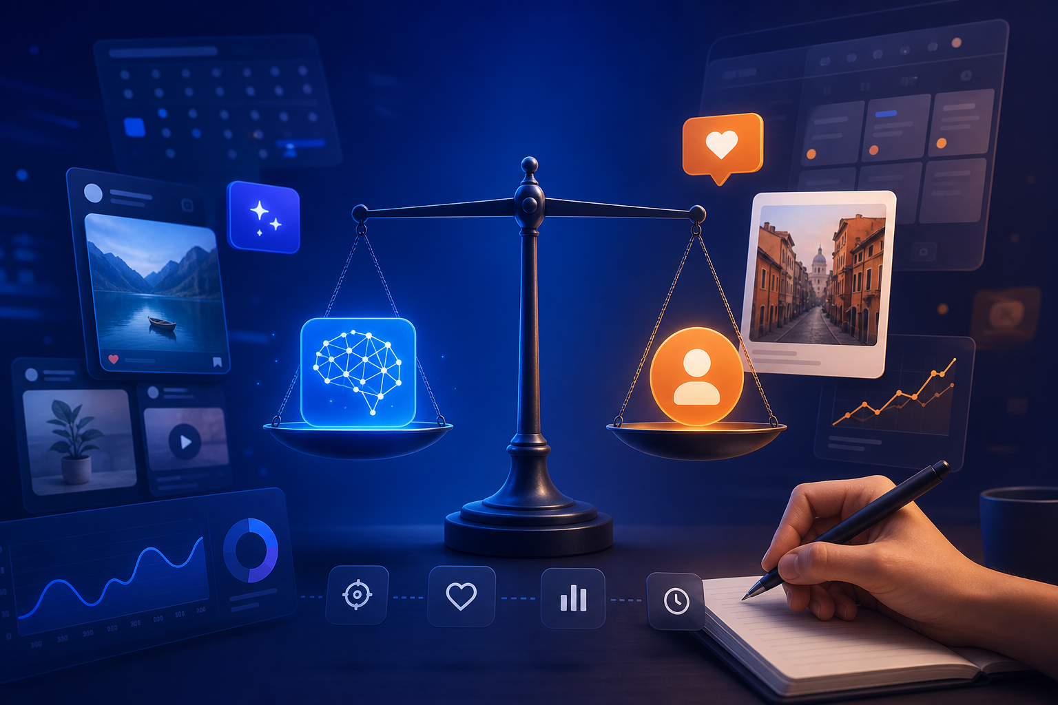 Pantalla con captions generados por IA y calendario de publicaciones en una plataforma de gestión de redes sociales