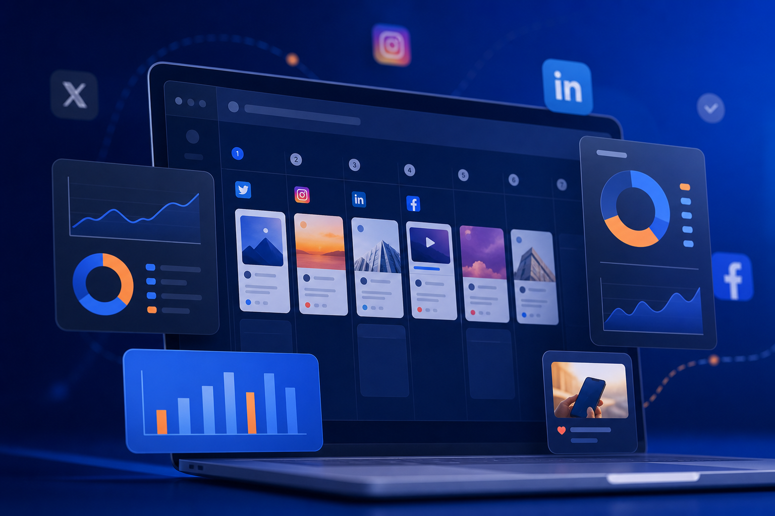 Plantilla de KPIs mensuales para redes sociales mostrada en pantalla de ordenador con gráficos, tablas y anotaciones
