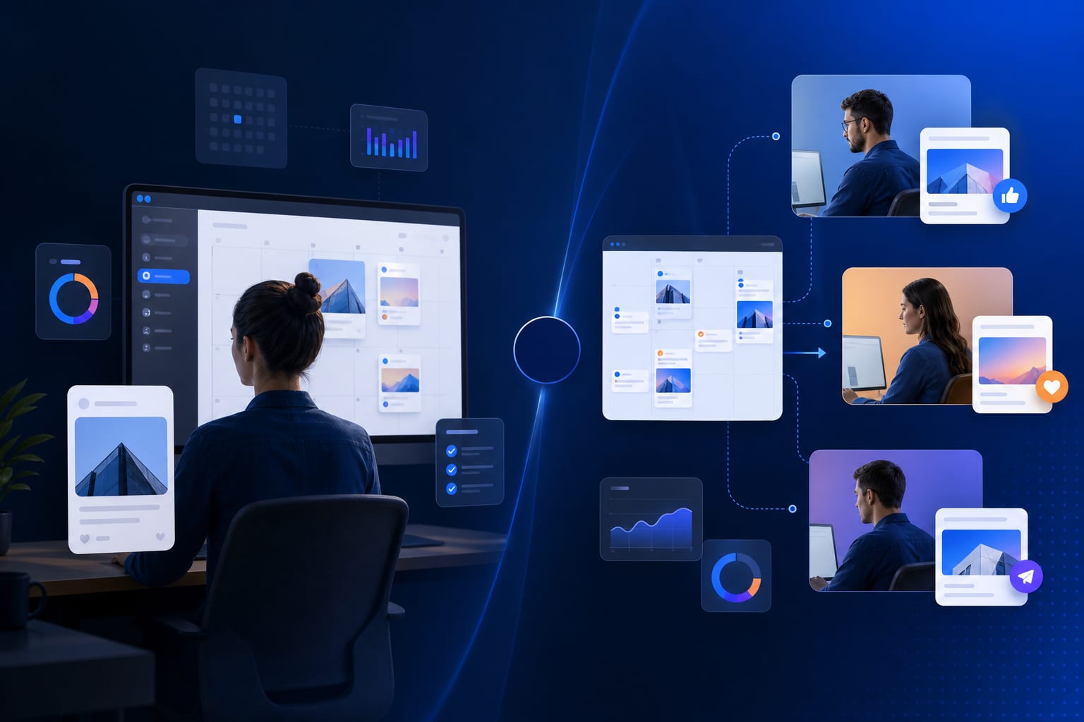 Comparativa workflow community manager único vs equipo por canal: calendario editorial y pantallas con gestión de redes