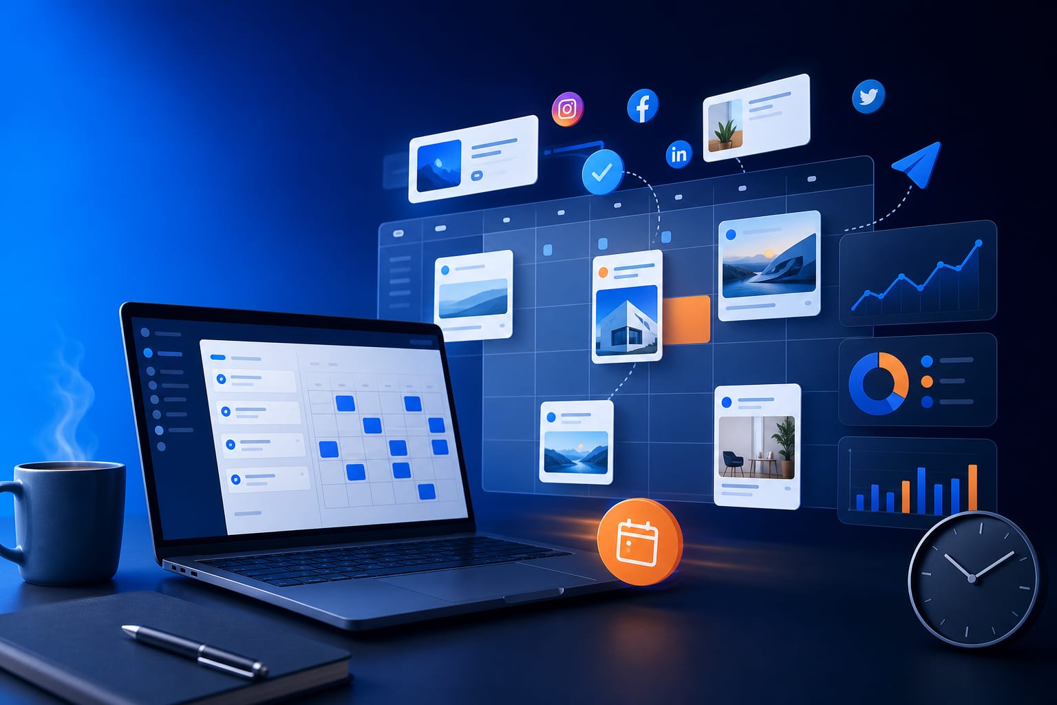 Persona planificando un mes de contenidos en una mesa con calendario, portátil y smartphone mostrando una vista de calendario de publicaciones
