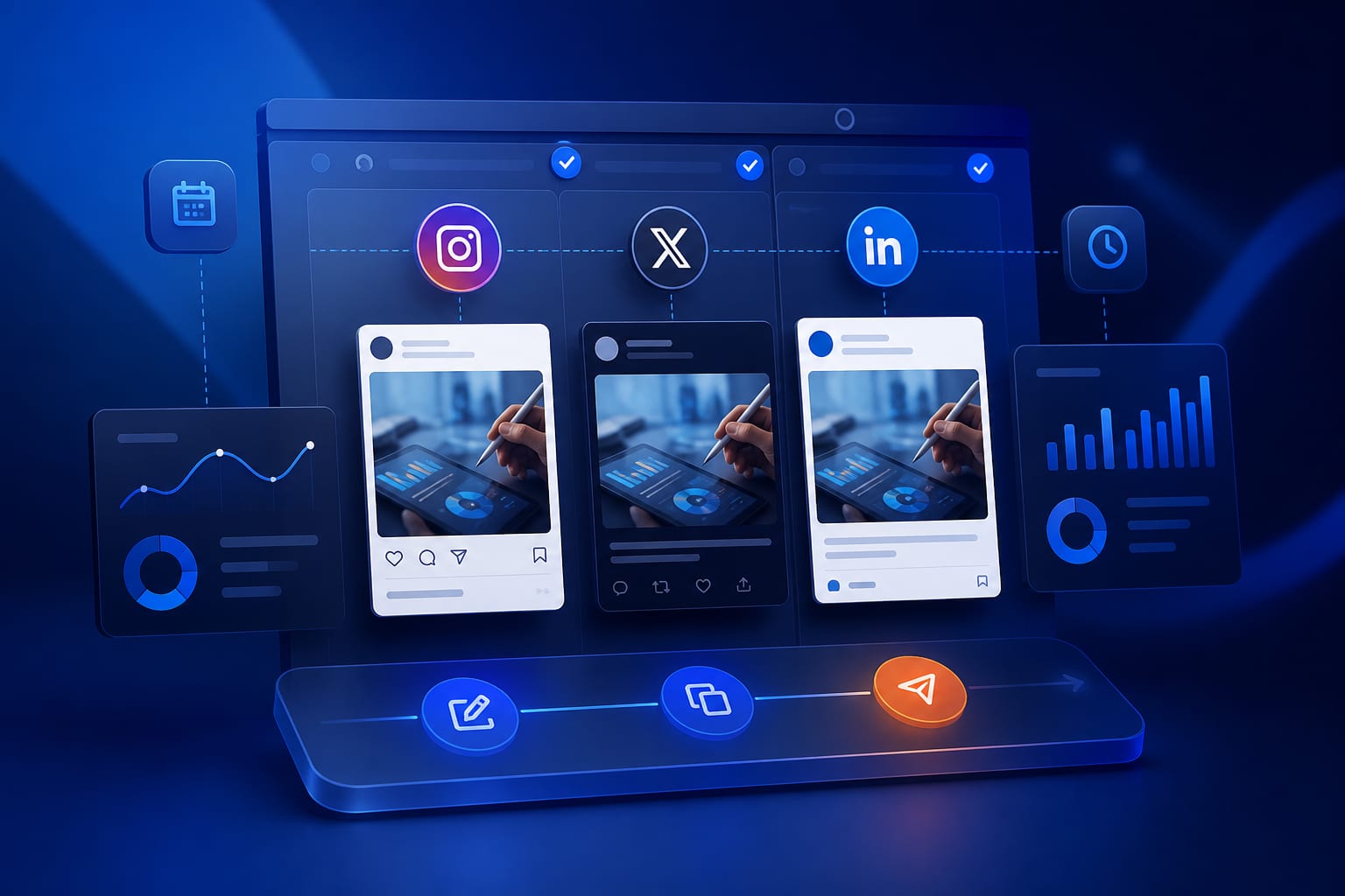 Persona adaptando un mismo contenido para Instagram, X y LinkedIn desde un panel de planificación de redes sociales