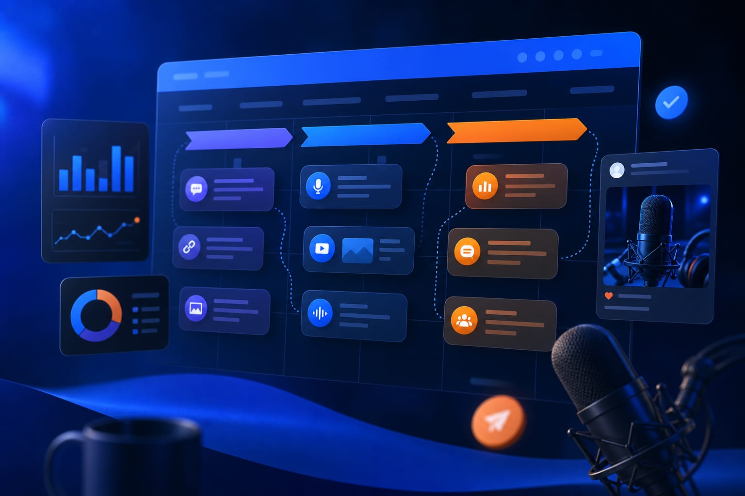 Calendario editorial con notas y marcas para la promoción de un podcast en varias redes sociales