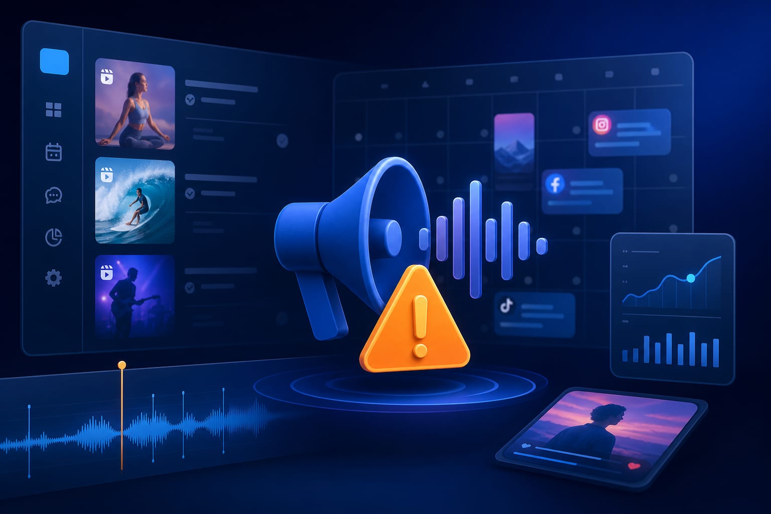 Persona editando un vídeo en portátil con pistas de audio y una lista de comprobación sobre derechos de música para redes sociales
